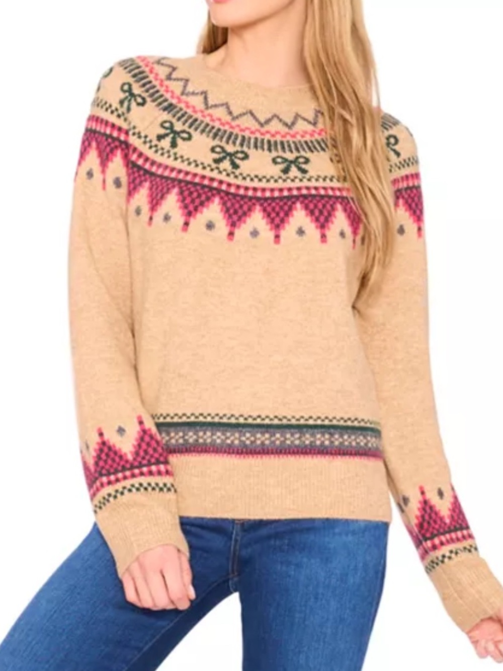 CeCe Womens Crewneck Ribbon Bow Fair Isle Fuzzy Knit Sweater Small S